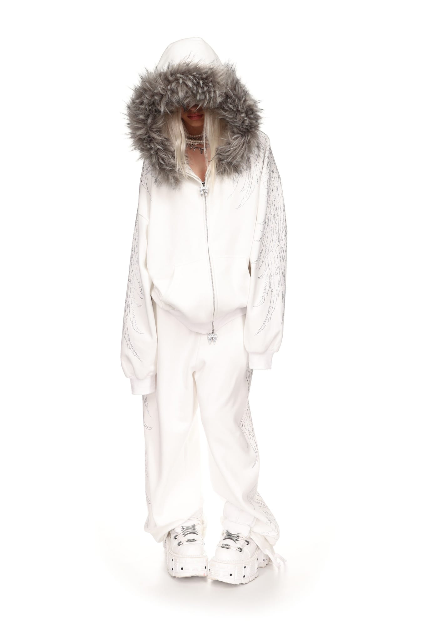 Fallen Faux Fur Rhinestone Zip Hoodie (Detachable Fur)