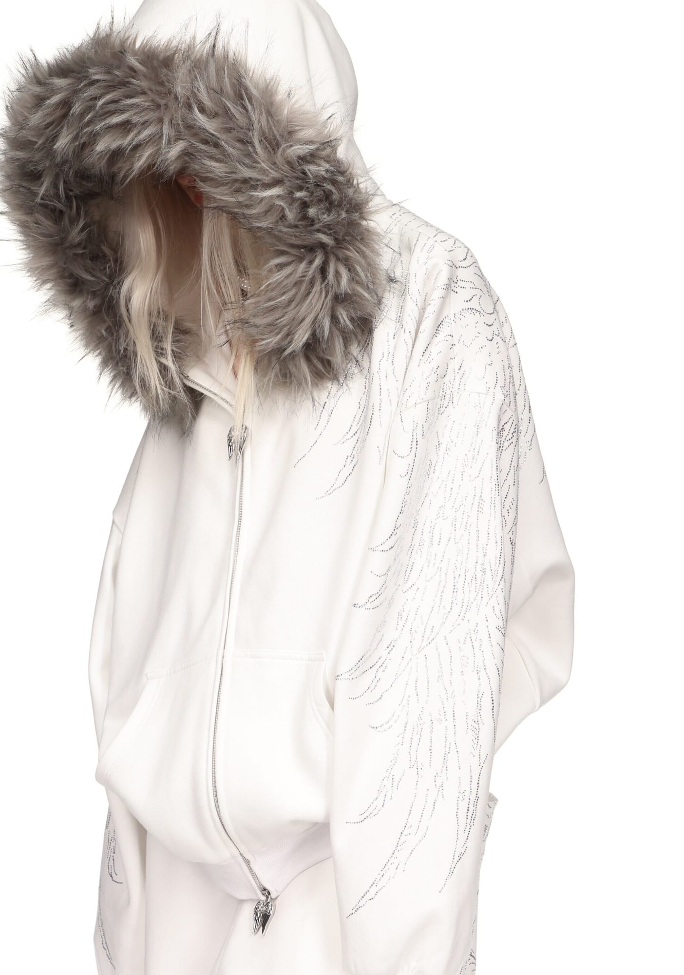 Fallen Faux Fur Rhinestone Zip Hoodie (Detachable Fur)