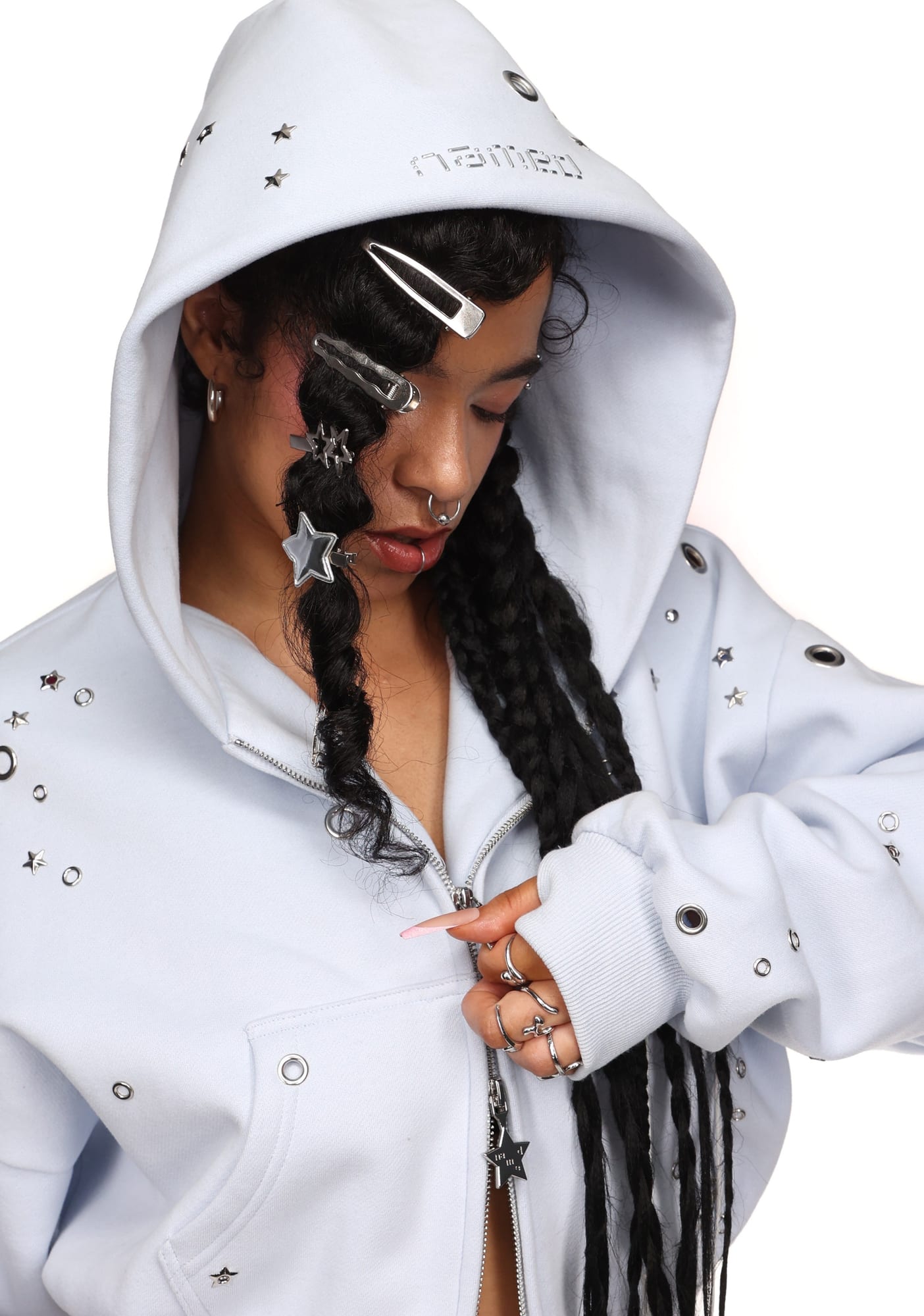 GLITCH EYELET CROP ZIP HOODIE