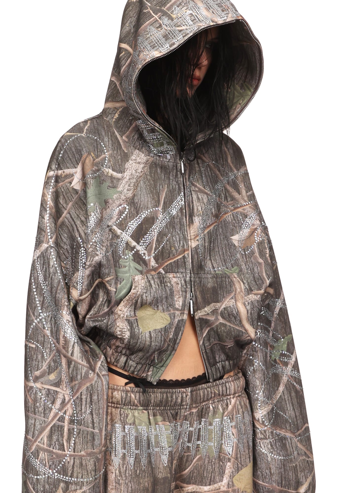 ENEMY Rhinestone Crop Zip Hoodie