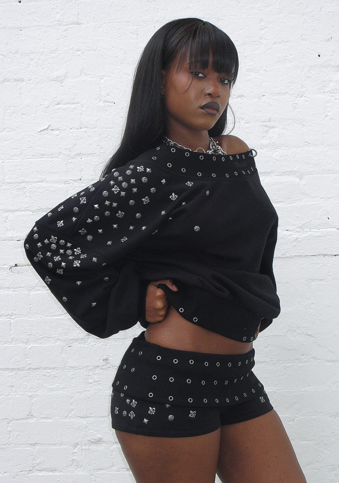 Midnight Studded Off The Shoulder Sweater