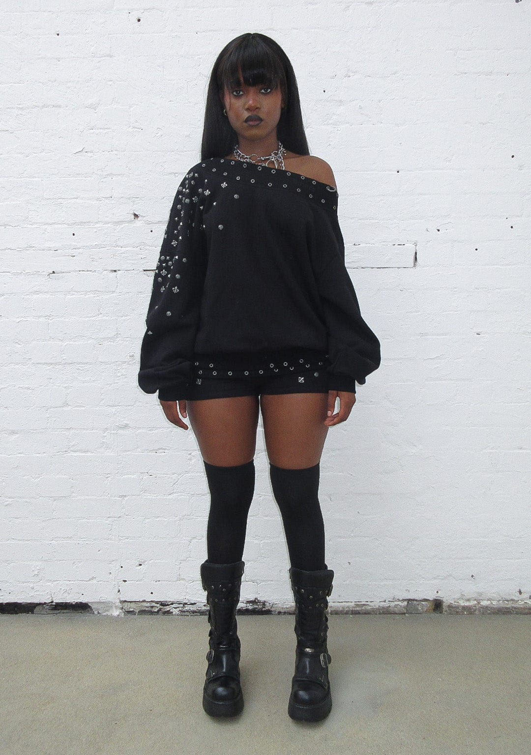 Midnight Studded Off The Shoulder Sweater